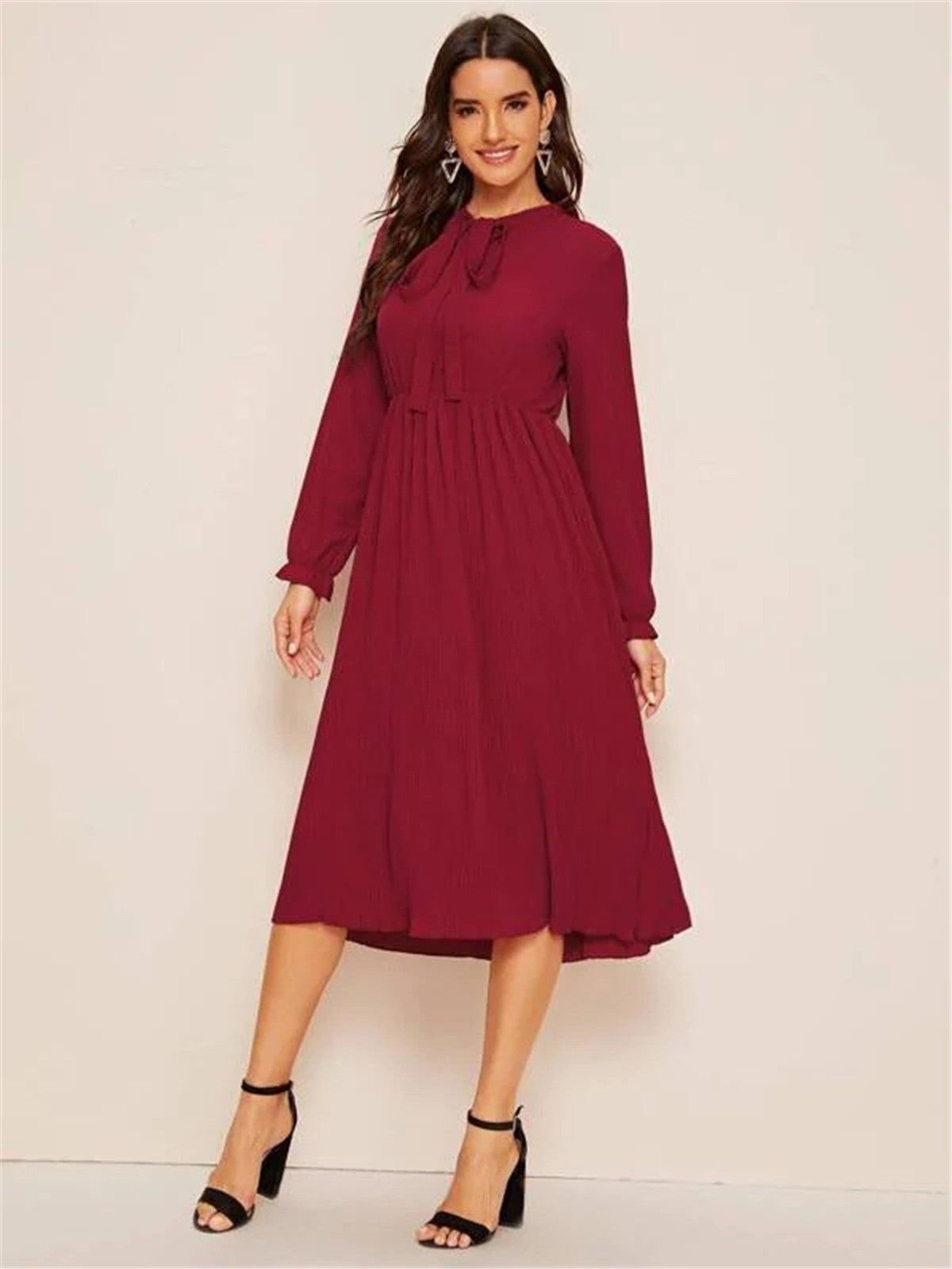 Red Casual Long Sleeves Fall Dresses-Dresses-Free Shipping at meselling99