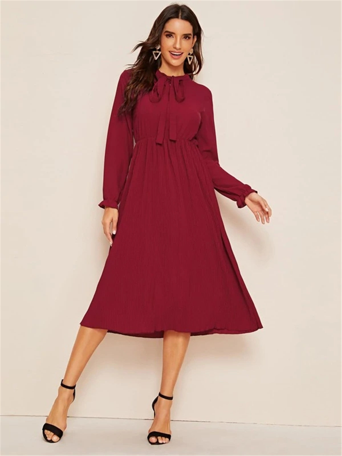 Red Casual Long Sleeves Fall Dresses-Dresses-Red-S-Free Shipping at meselling99