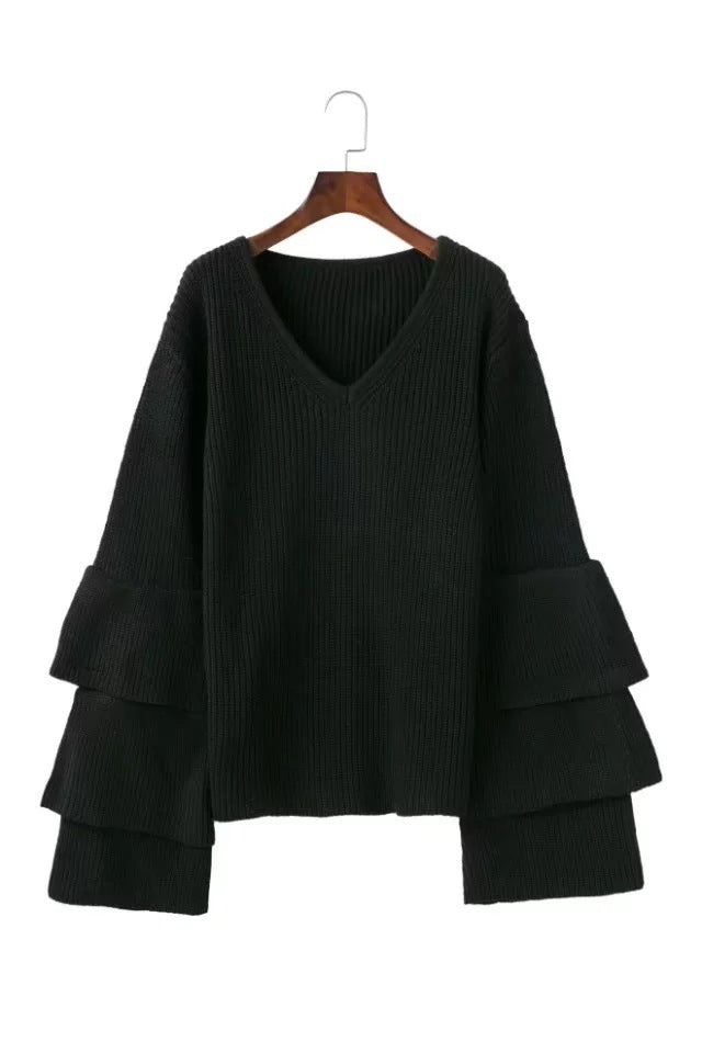 Women Bell Sleeves Fall Knitted Sweaters-Sweaters-Black-One Size-Free Shipping at meselling99
