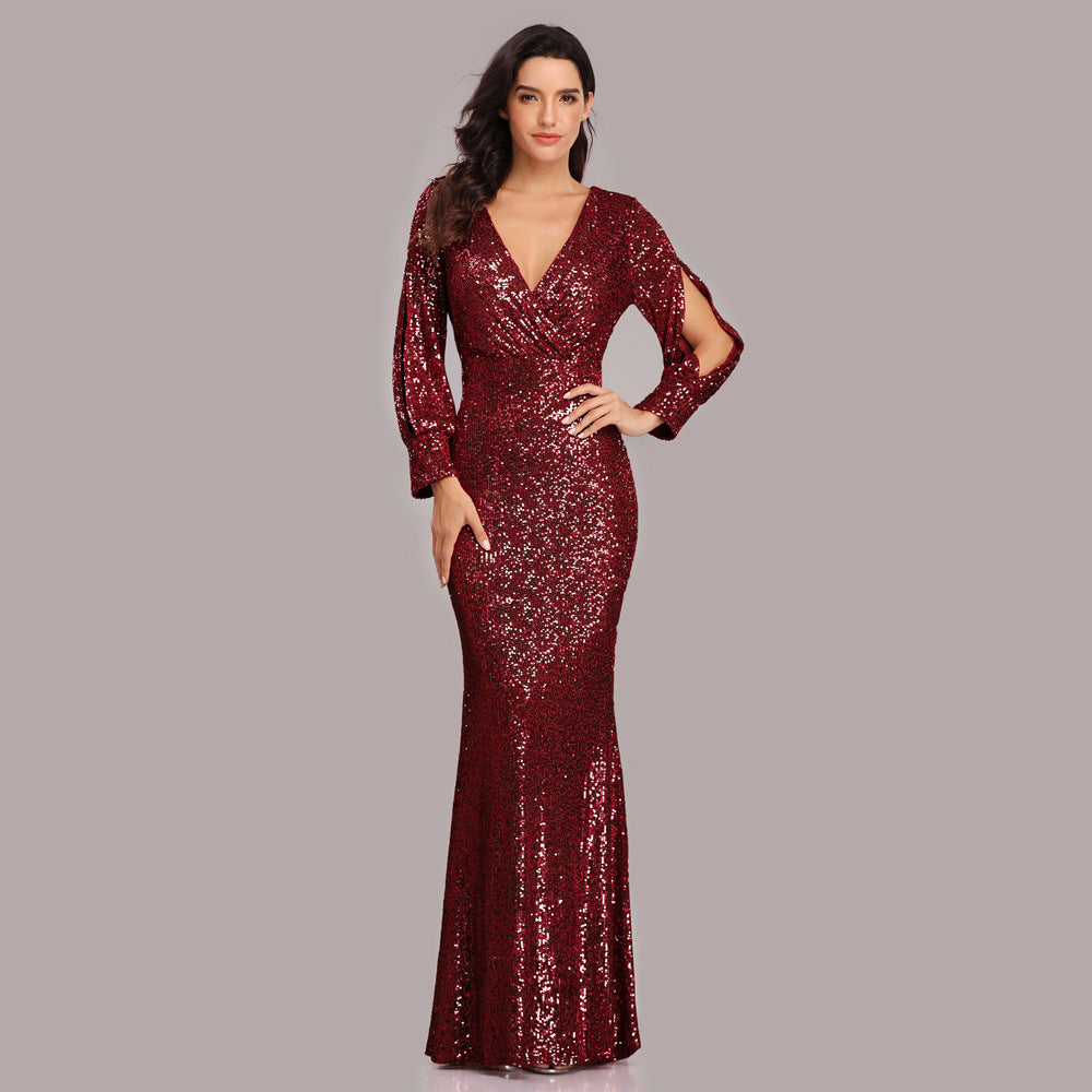 Sexy V Neck Sequined Mermaid Evening Dresses-Dresses-Wine Red-S-Free Shipping at meselling99