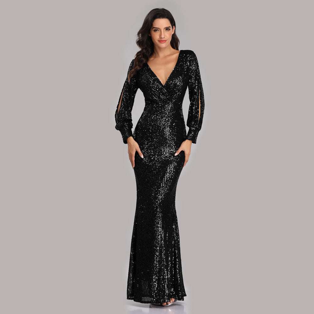 Sexy V Neck Sequined Mermaid Evening Dresses-Dresses-Black-S-Free Shipping at meselling99