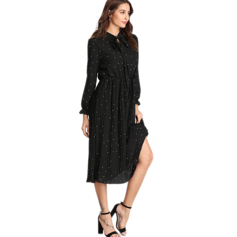 Black Dot Print Women Elegant Long Fall Dresses-Dresses-Free Shipping at meselling99