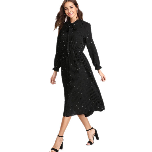 Black Dot Print Women Elegant Long Fall Dresses-Dresses-Black-S-Free Shipping at meselling99