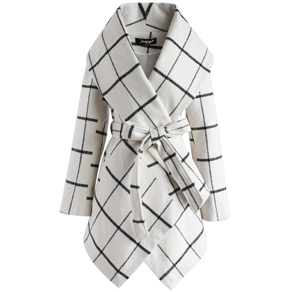 Women Loose Plaid Long Trenchcoat-White-S-Free Shipping at meselling99
