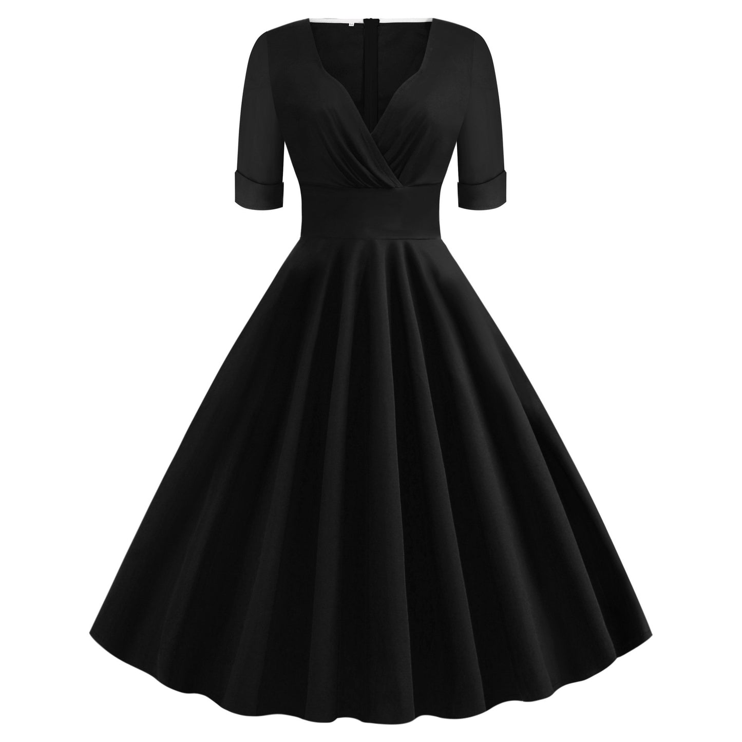 Vintage Short Sleeves V Neck Ball Dresses-Vintage Dresses-Black-S-Free Shipping at meselling99