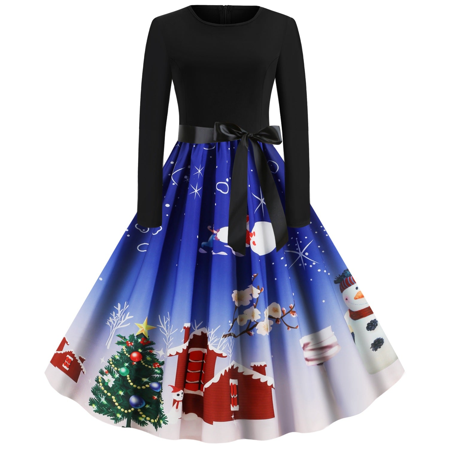 Christmas Vintage Round Neck Women Dresses-Christmas-Blue-S-Free Shipping at meselling99