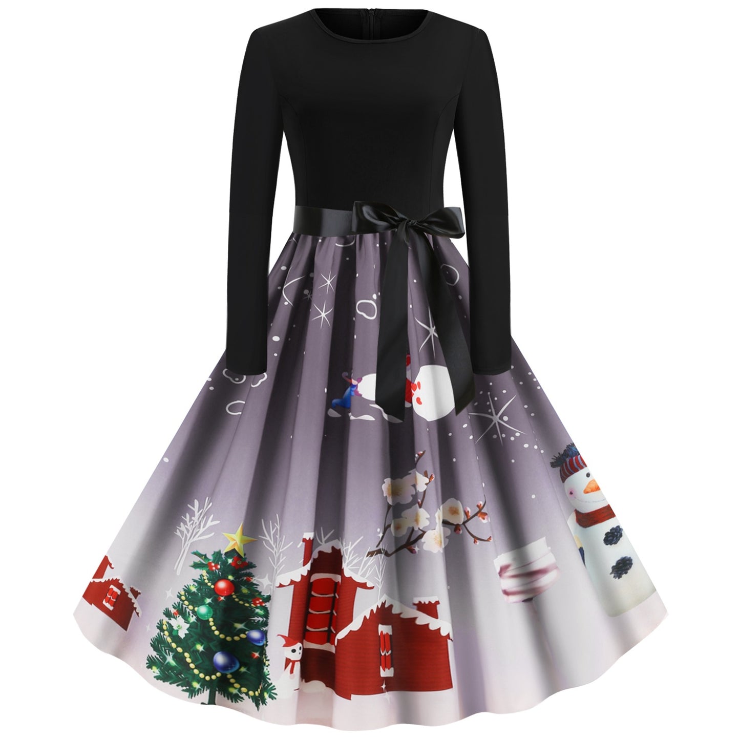 Christmas Vintage Round Neck Women Dresses-Christmas-Gray-S-Free Shipping at meselling99
