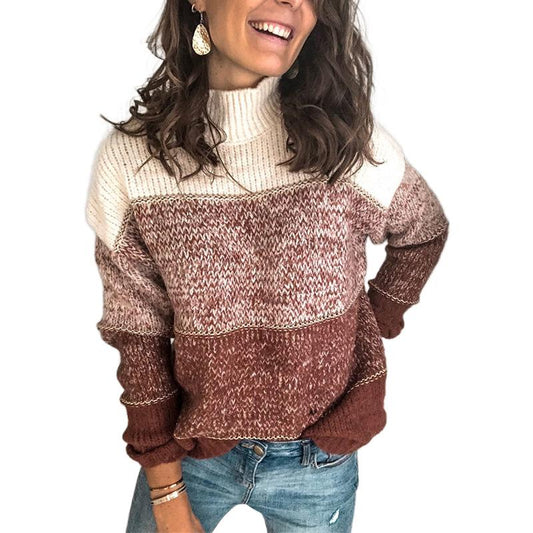 High Neck Pullover Striped Sweater-Brown-S-Free Shipping at meselling99