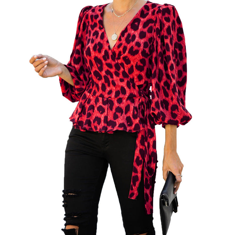Women V Neck Long Sleeves Leopard Blouses-Shirts&Blouses-Red-S-Free Shipping at meselling99