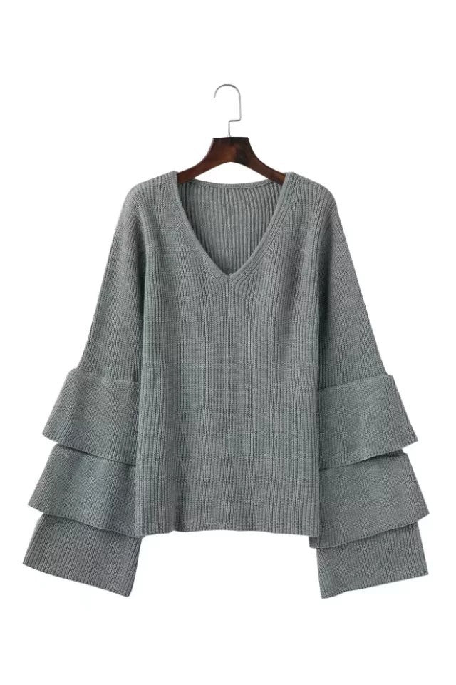 Women Bell Sleeves Fall Knitted Sweaters-Sweaters-Gray-One Size-Free Shipping at meselling99