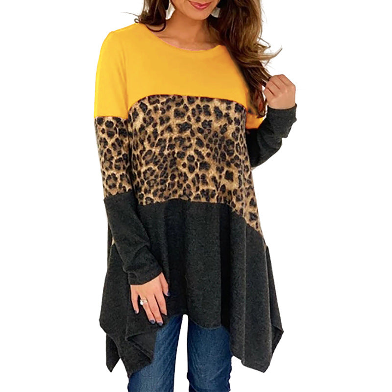 Women Round Neck Leopard Long Sleeves Sweaters-Blouses-Yellow-S-Free Shipping at meselling99