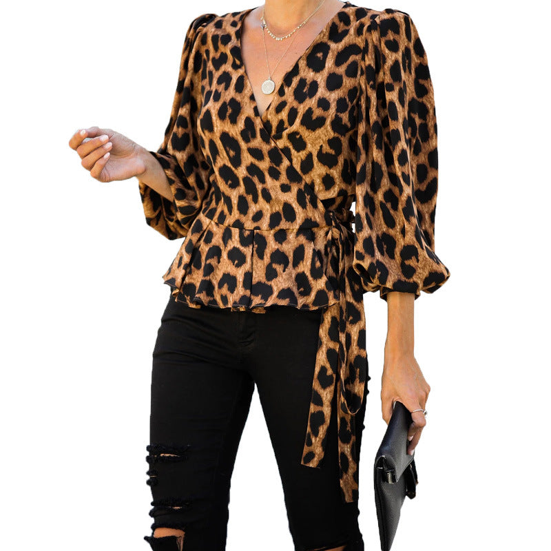Women V Neck Long Sleeves Leopard Blouses-Shirts&Blouses-Yellow-S-Free Shipping at meselling99