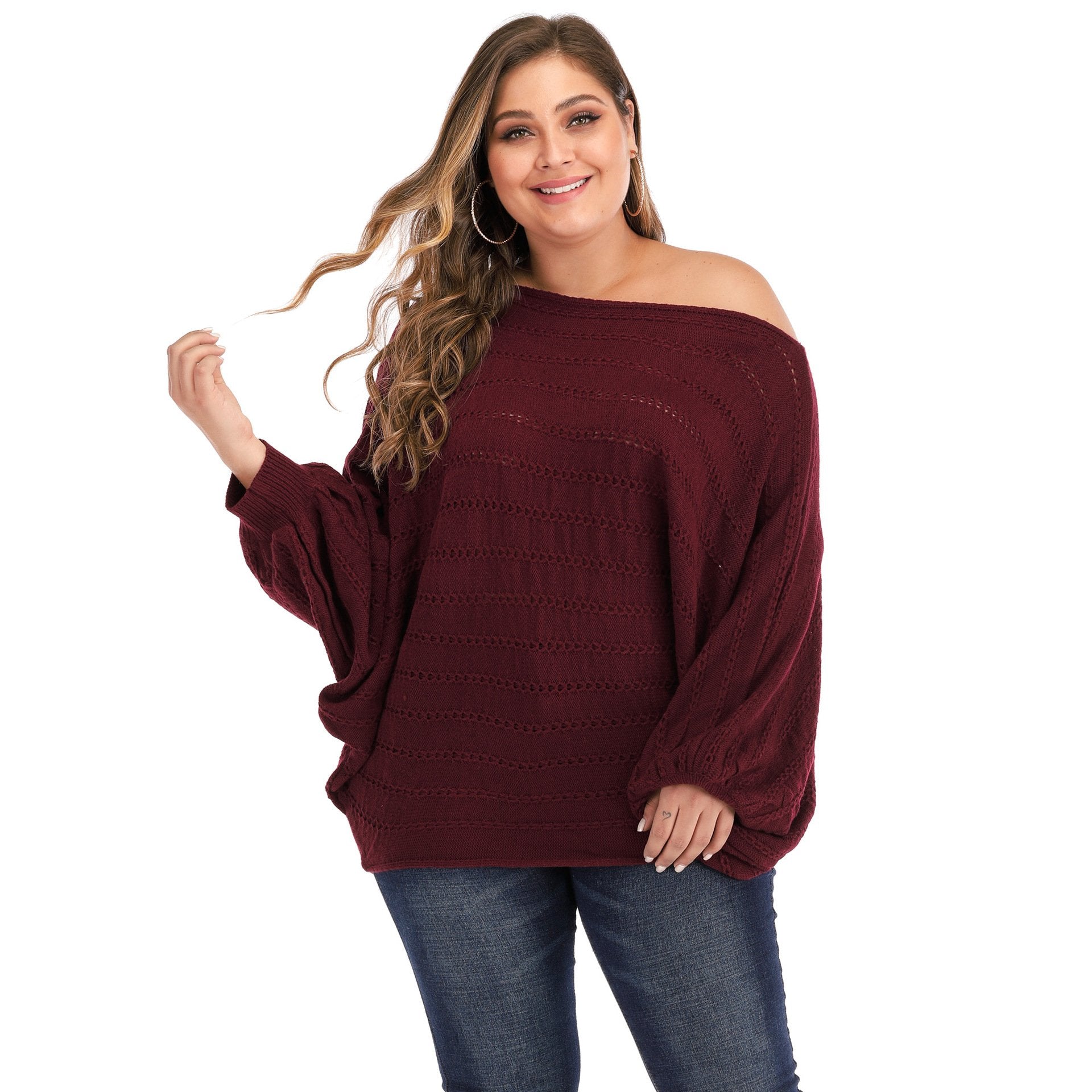 Women One Shoulder Plus Size Sweaters-Red-L-Free Shipping at meselling99