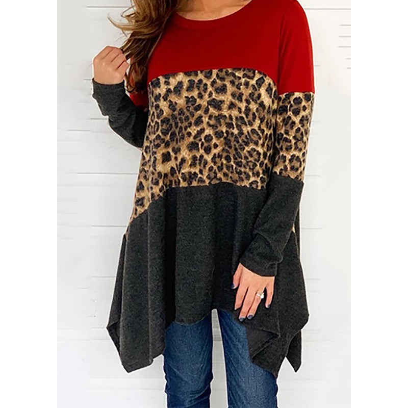 Women Round Neck Leopard Long Sleeves Sweaters-Blouses-Free Shipping at meselling99