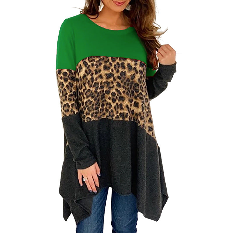 Women Round Neck Leopard Long Sleeves Sweaters-Blouses-Green-S-Free Shipping at meselling99