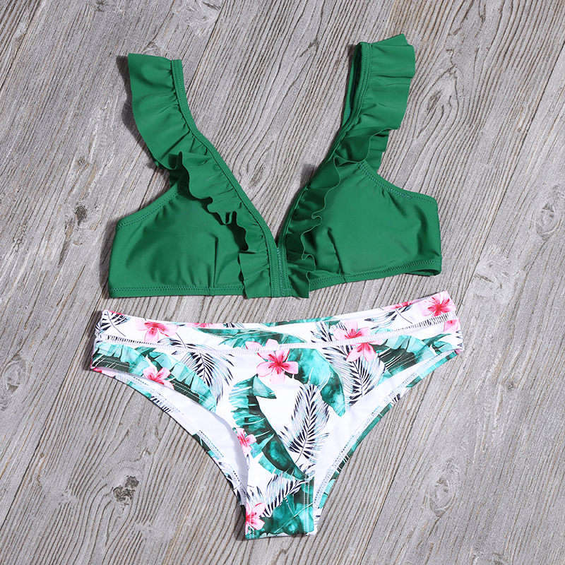 Sexy Women Ruffled Two Pieces Swimsuits-Swimwear-Green-S-Free Shipping at meselling99