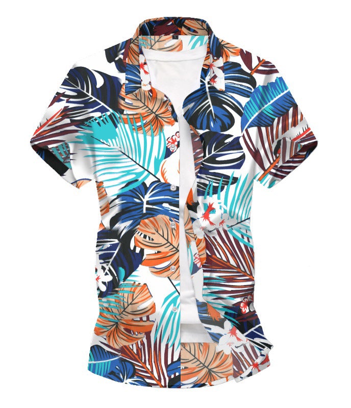 Leaf Print Summer Men's Short Sleeves T Shirts-Shirts & Tops-White-M-Free Shipping at meselling99