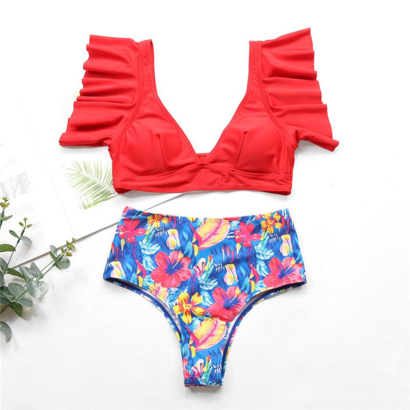 Women High Waist Ruffled Floral Print Tankini Swimwear-Red-S-Free Shipping at meselling99