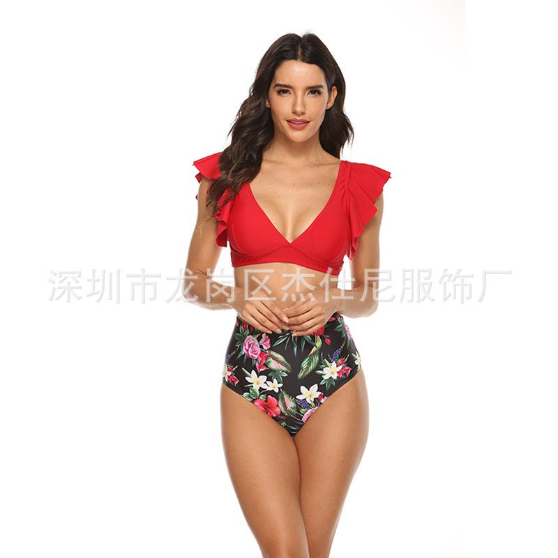 Women Ruffled High Waist Floral Bikini Summer Swimwear-Red-S-Free Shipping at meselling99