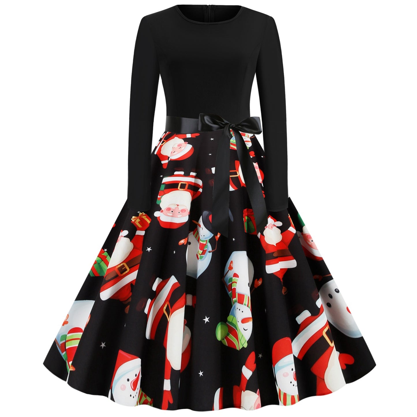 Christmas Snowman Vintage Long Sleeves Dresses-Vintage Dresses-Black-S-Free Shipping at meselling99