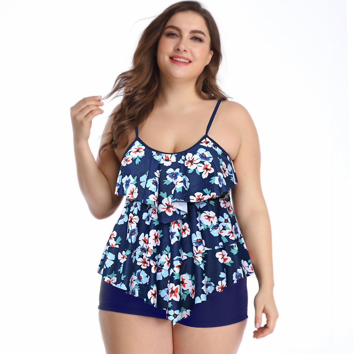 Women Ruffled Floral Print Plus Size Swimsuits-Blue Flower-S-Free Shipping at meselling99
