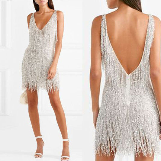 Sexy Tassels Mini Women Party Dresses-Dresses-Silver-S-Free Shipping at meselling99
