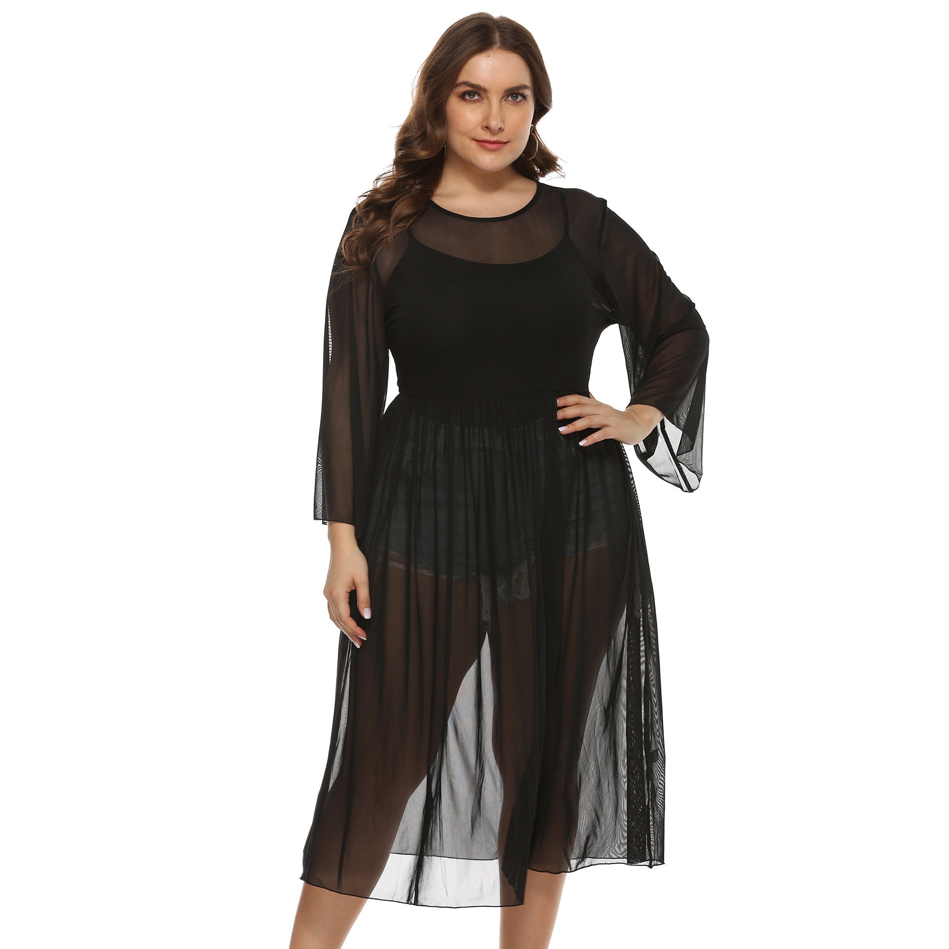 Black Sexy See Throught Plus Sizes Summber Beach Cover Ups-Swimwear-Black-1XL-Free Shipping at meselling99