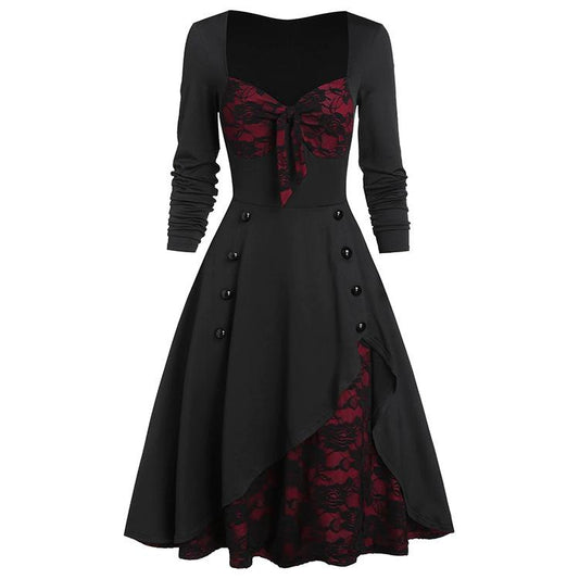 Vintage Middle Age Lace Long Sleeves Dresses for Women-Dresses-Wine Red-L-Free Shipping at meselling99
