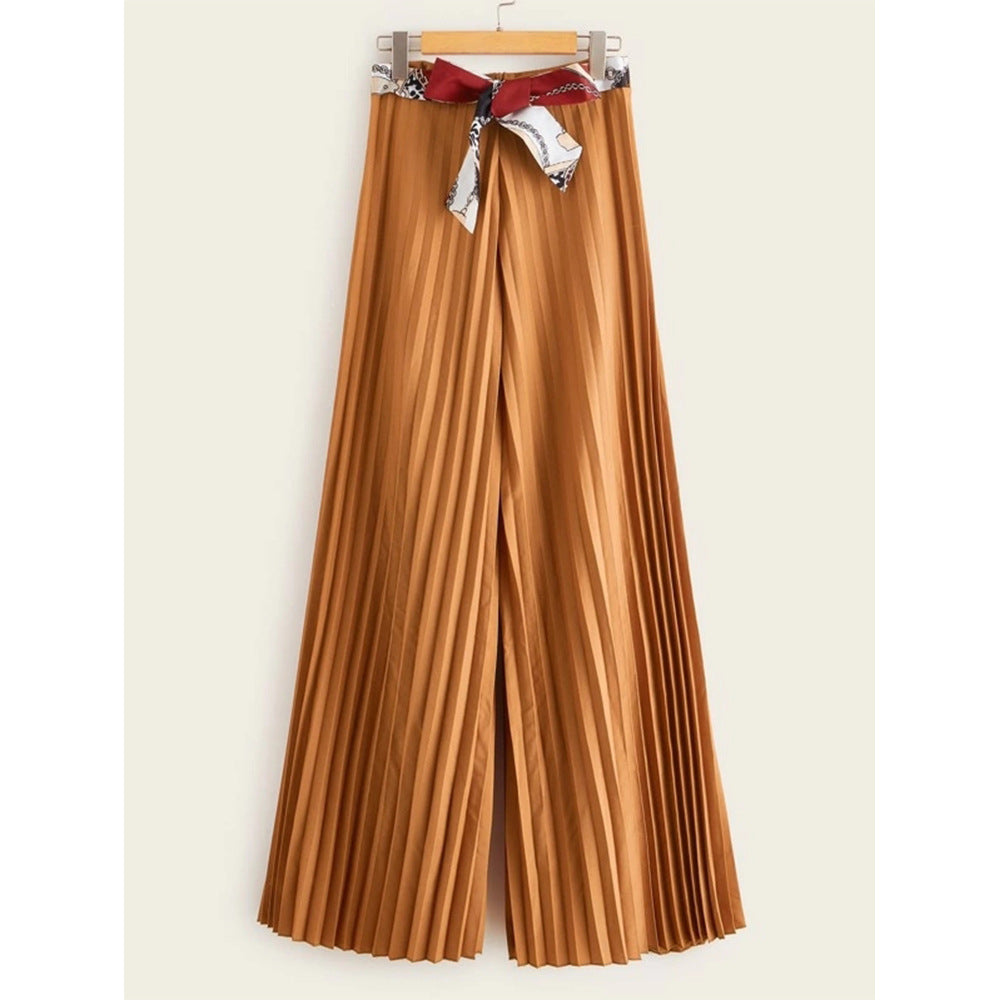 High Waist Bowknot Pleated Women Pants-Brown-S-Free Shipping at meselling99