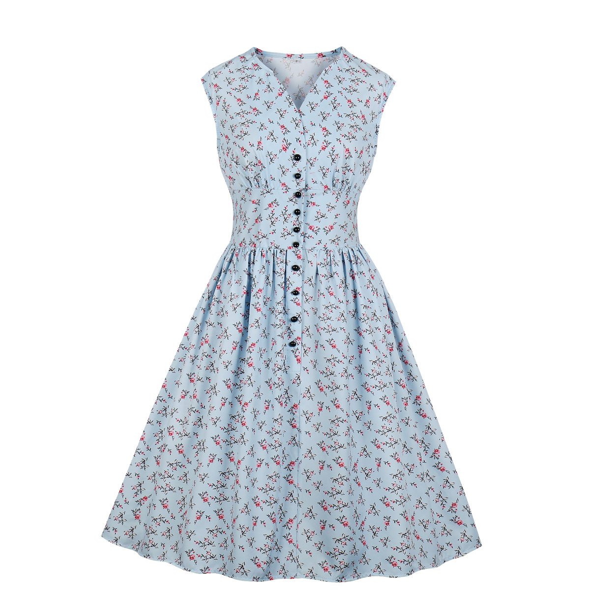 Women V Neck Floral Print High Waist Vintage Dresses with Button-Vintage Dresses-Light Blue-S-Free Shipping at meselling99