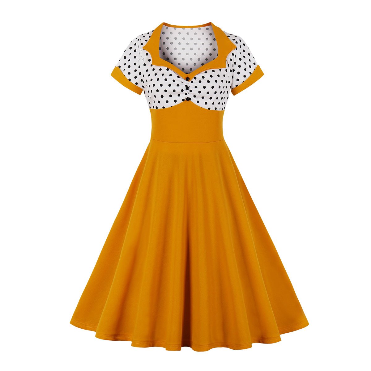 Women Square Neckline Dot Print Plus Size Retro Dresses-Vintage Dresses-Yellow-S-Free Shipping at meselling99