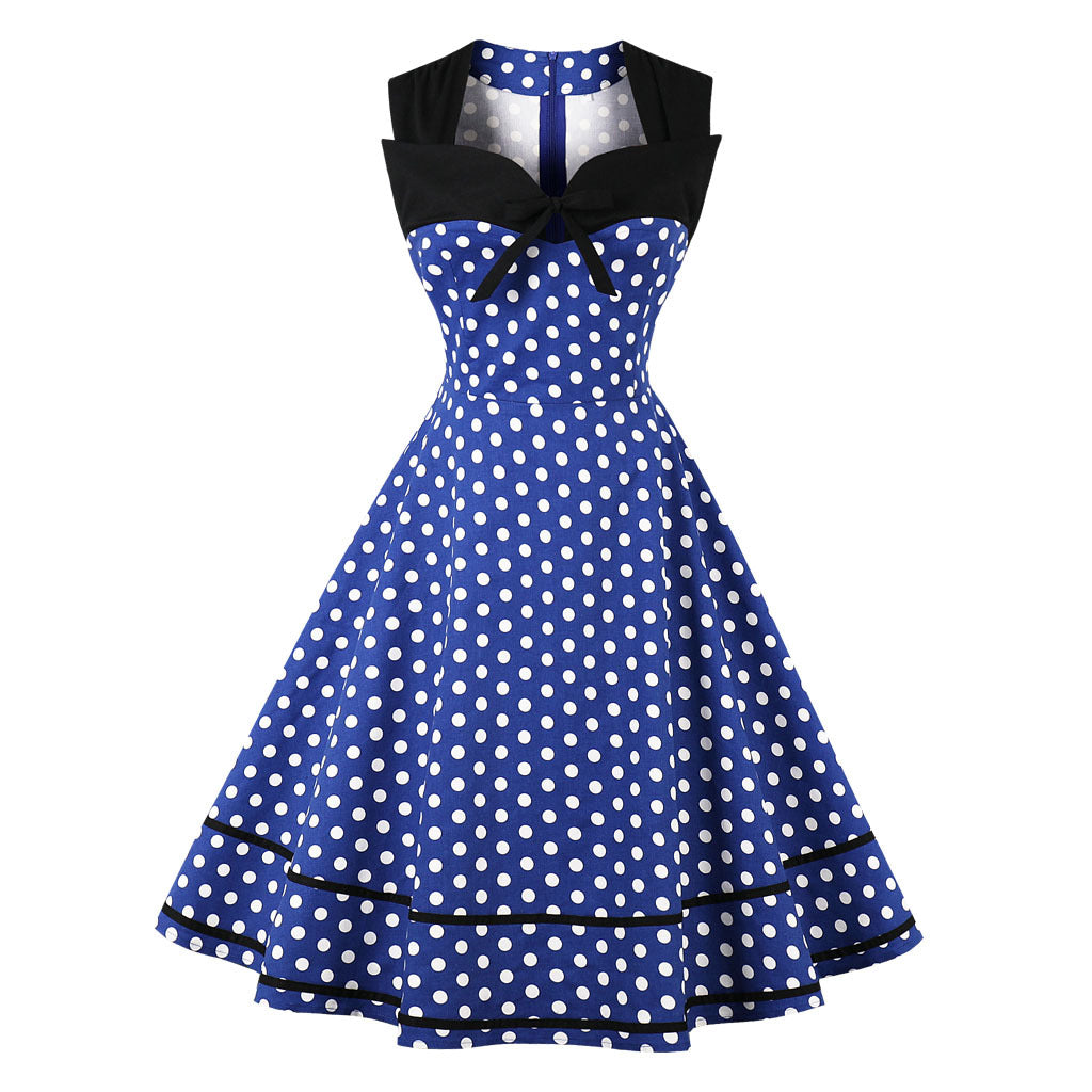 Women Square Neckline Sleeveless Plus Sizes Vintage Dresses-Vintage Dresses-Blue Dot-S-Free Shipping at meselling99