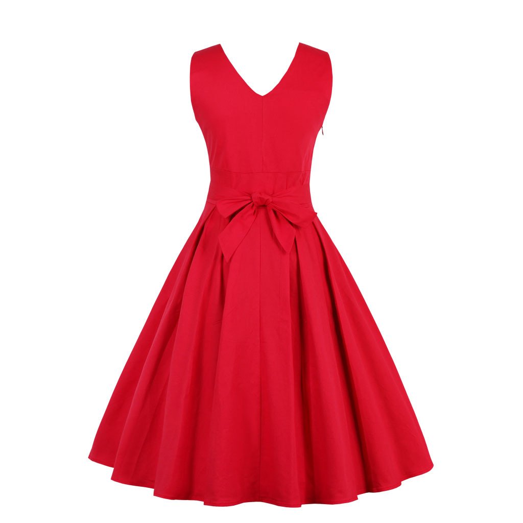 Red Vintage Elegant V Neck Ball Midi Length Dresses-Vintage Dresses-Free Shipping at meselling99