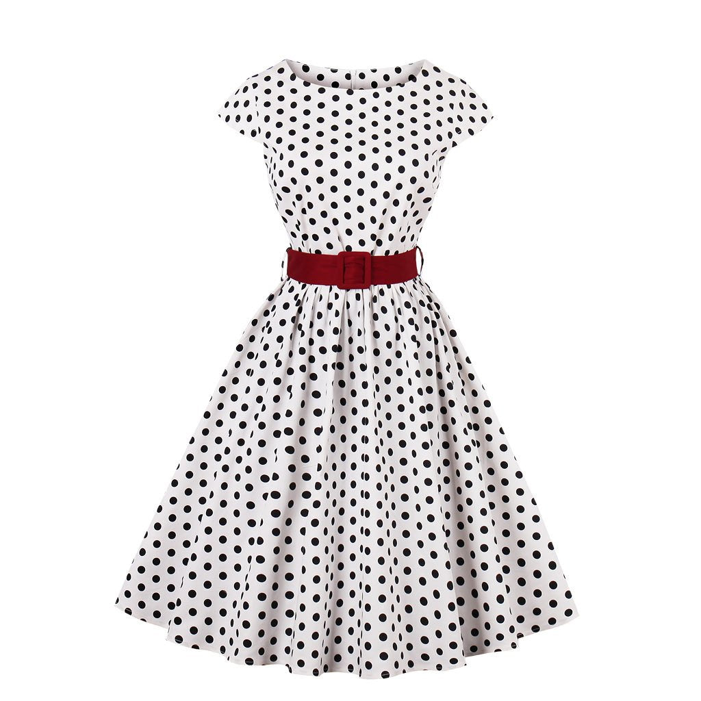 Women Regular Waist Dot Print Plus Sizes Midi Dresses-Vintage Dresses-White-S-Free Shipping at meselling99