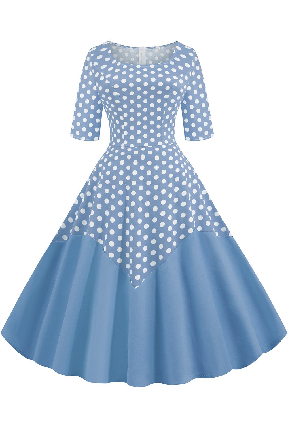 Round Neck Half Sleeves Vintage Dresses-Vintage Dresses-Light Blue-S-Free Shipping at meselling99