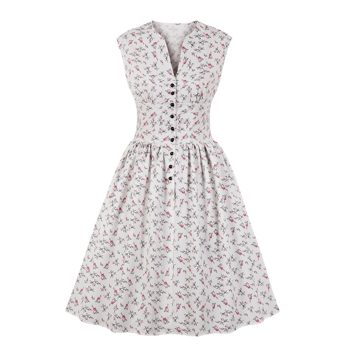 Women V Neck Floral Print High Waist Vintage Dresses with Button-Vintage Dresses-White-S-Free Shipping at meselling99