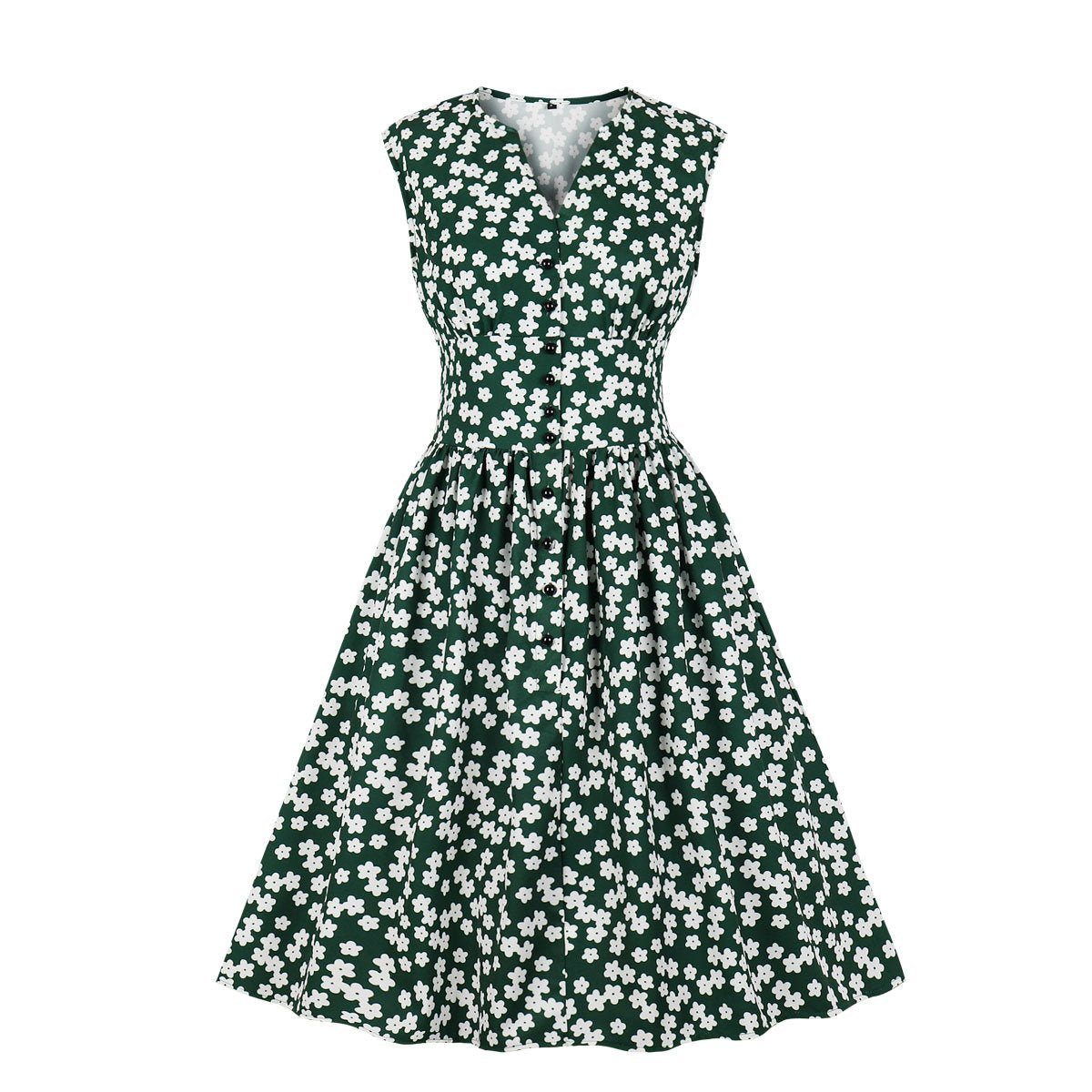 Women V Neck Floral Print High Waist Vintage Dresses with Button-Vintage Dresses-Green-S-Free Shipping at meselling99