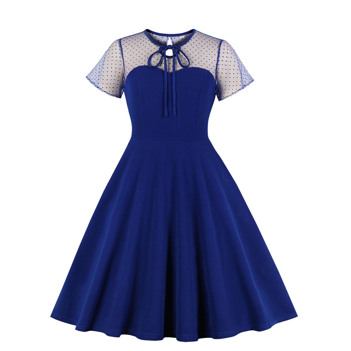 Retro Women Short Sleeves Net Dot Ball Sleeves-Vintage Dresses-Blue-S-Free Shipping at meselling99