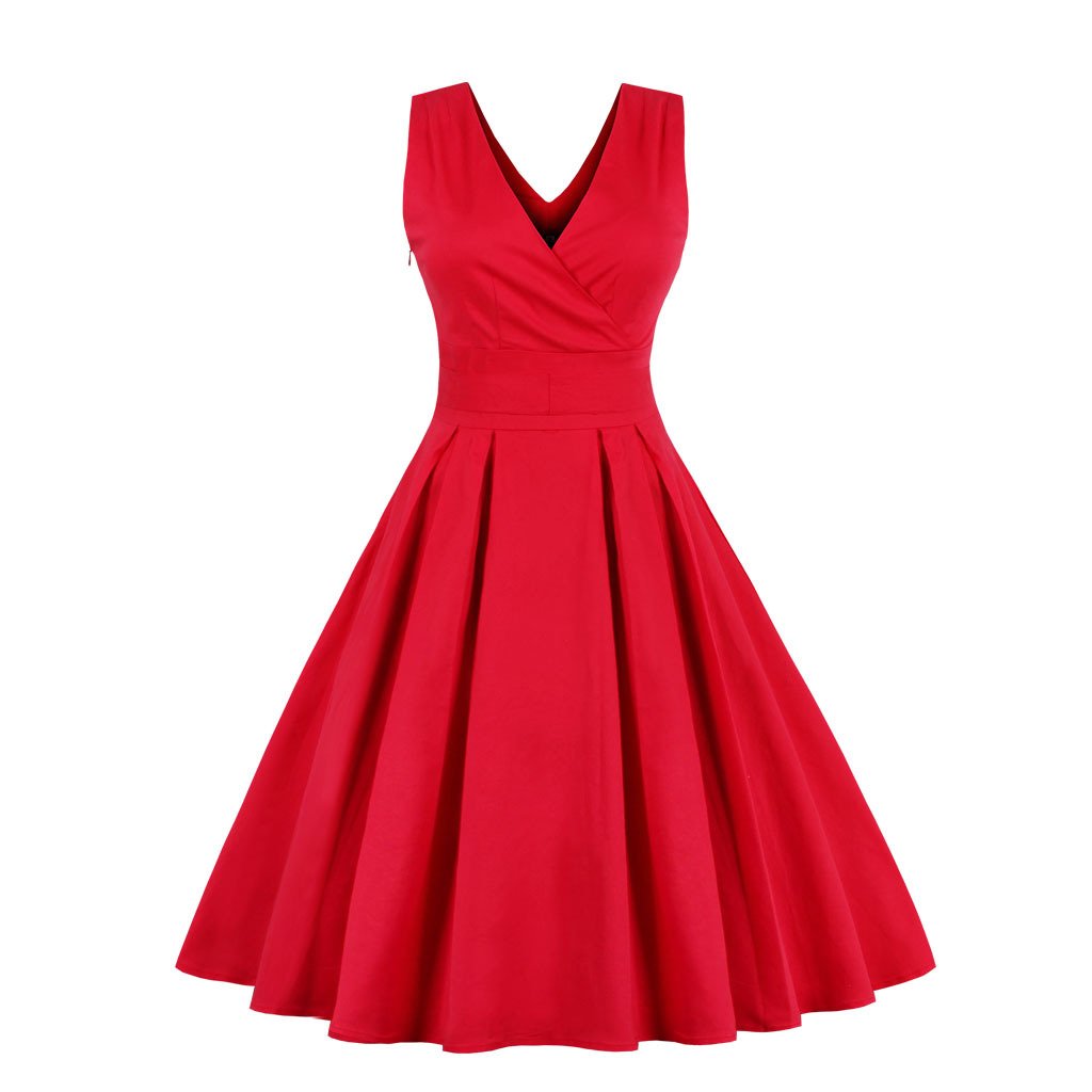 Red Vintage Elegant V Neck Ball Midi Length Dresses-Vintage Dresses-Red-S-Free Shipping at meselling99