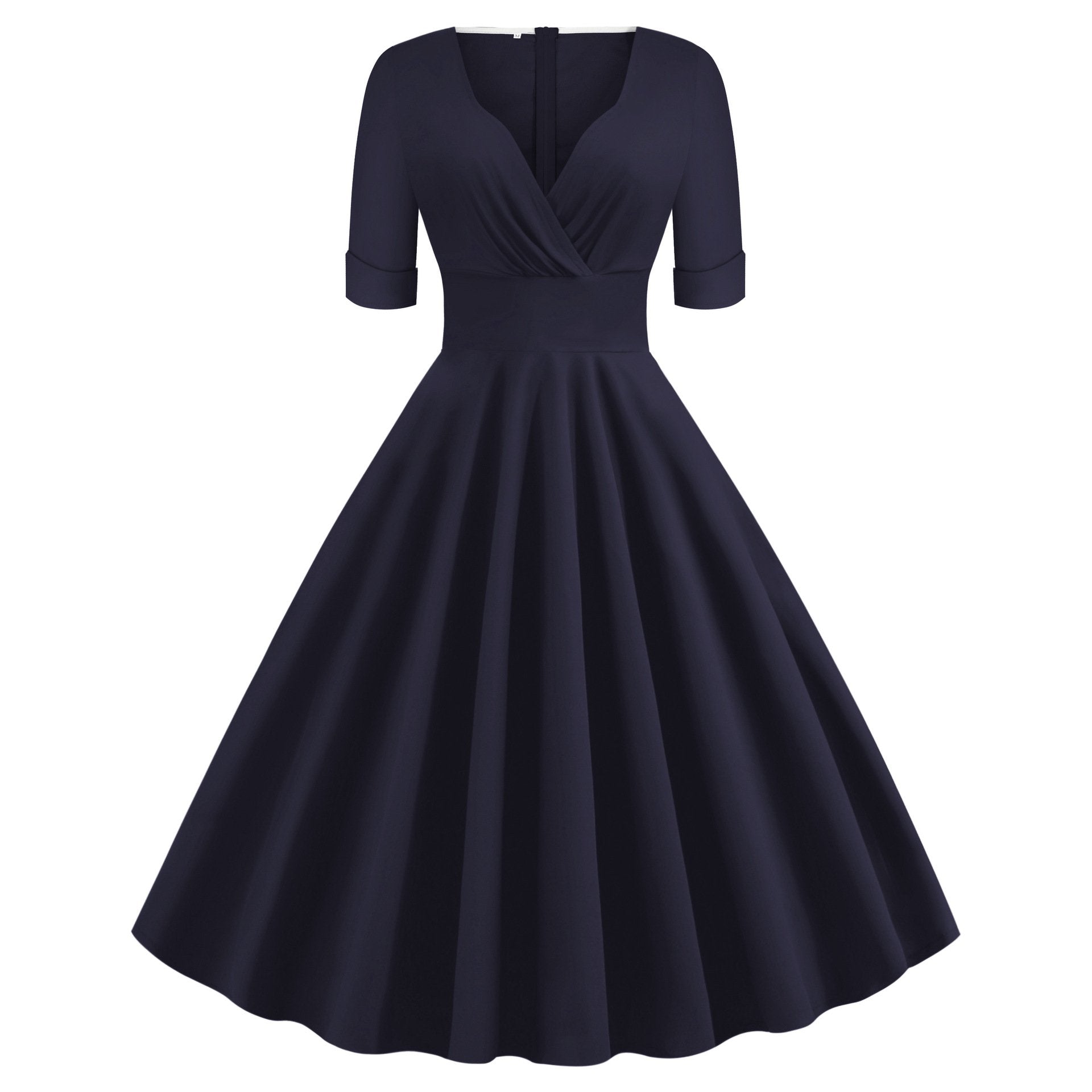Vintage Short Sleeves V Neck Ball Dresses-Vintage Dresses-Dark Blue-S-Free Shipping at meselling99