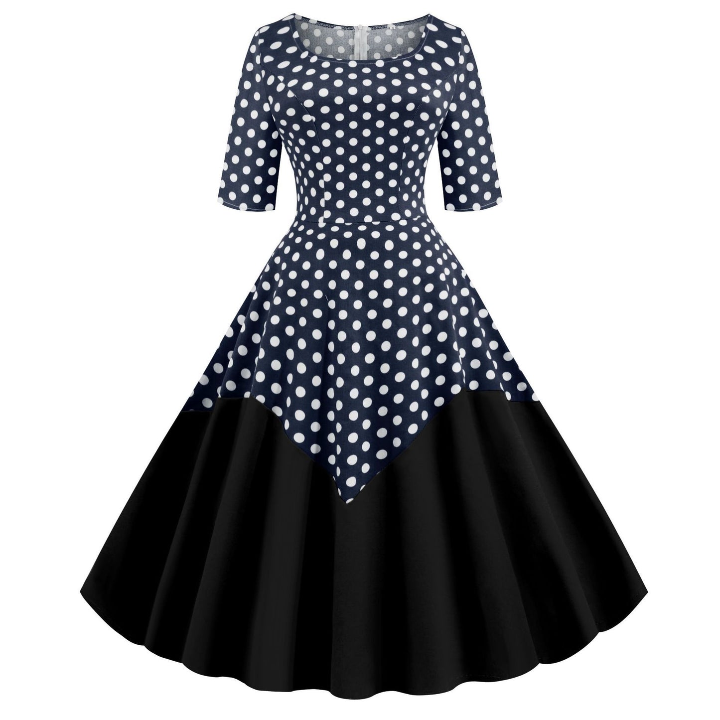 Round Neck Half Sleeves Vintage Dresses-Vintage Dresses-Dark Blue-S-Free Shipping at meselling99