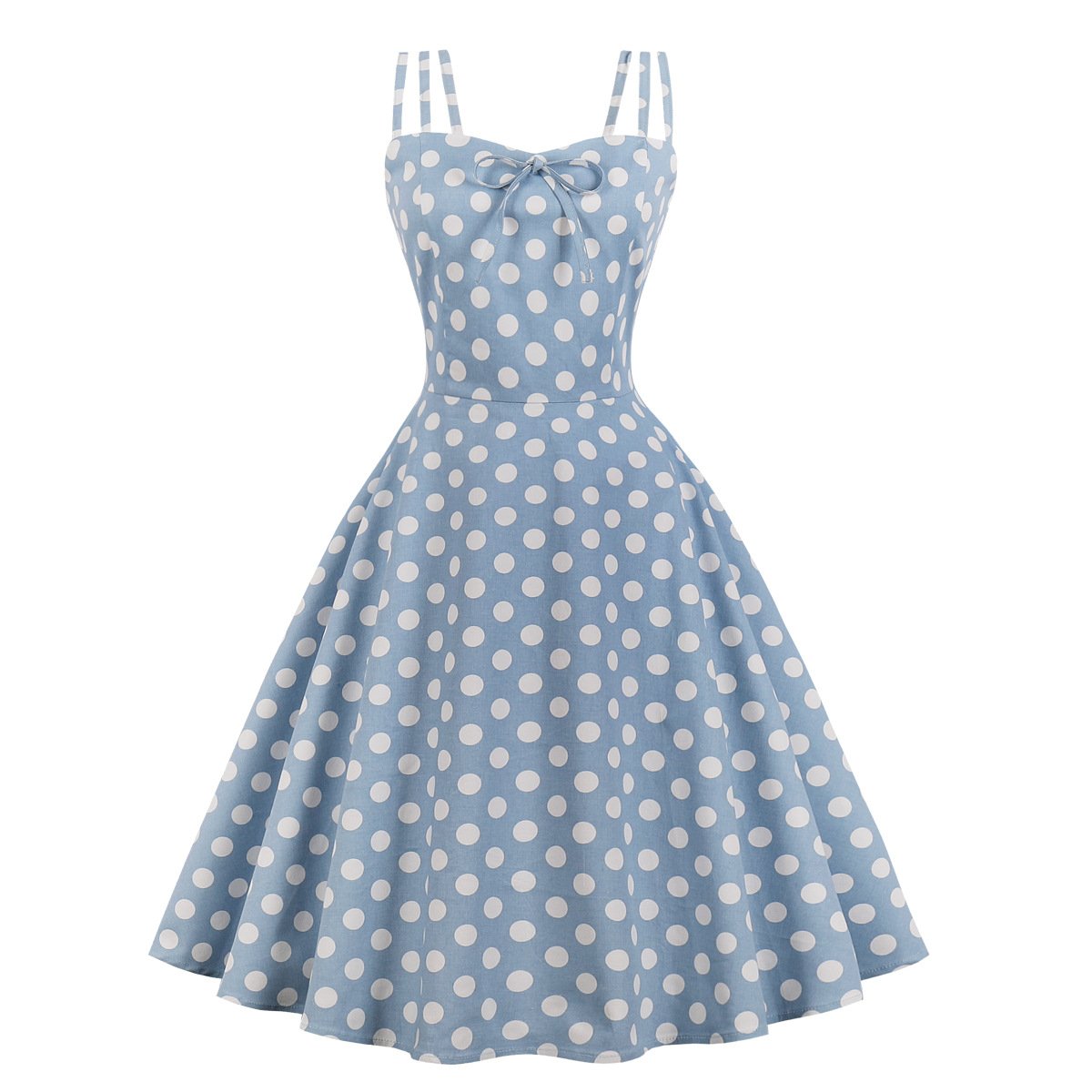 Women Summer Sphagetti Straps Dot Print Dresses-Vintage Dresses-Blue-M-Free Shipping at meselling99