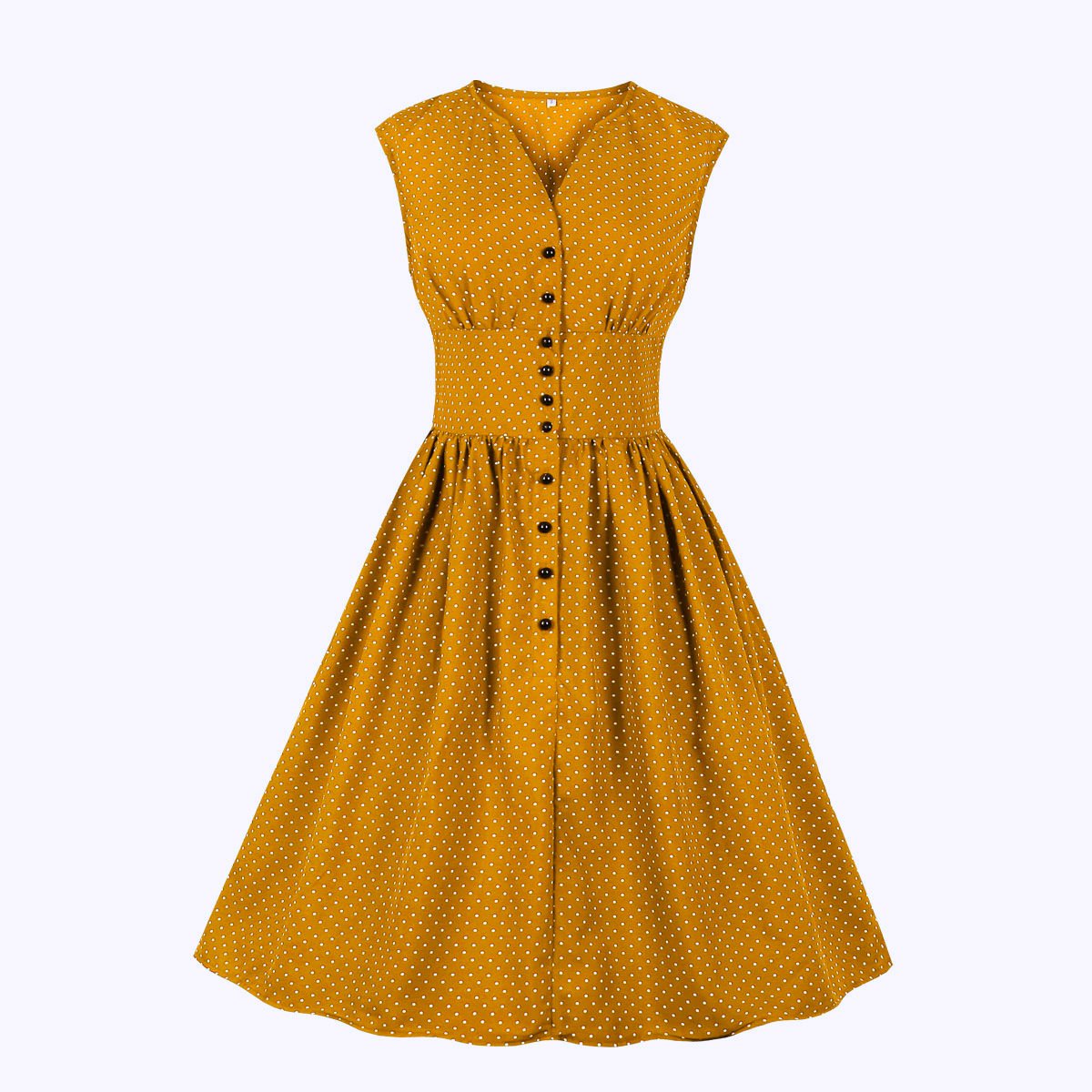 Women Sleeveless V Neck Dot Print Vintage Dresses with Buttons-Vintage Dresses-Yellow-S-Free Shipping at meselling99