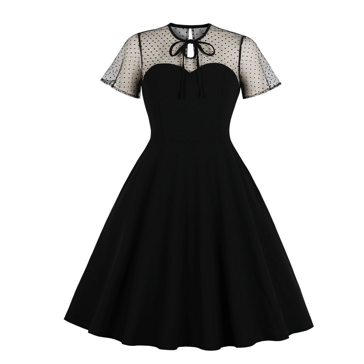 Retro Women Short Sleeves Net Dot Ball Sleeves-Vintage Dresses-Black-S-Free Shipping at meselling99
