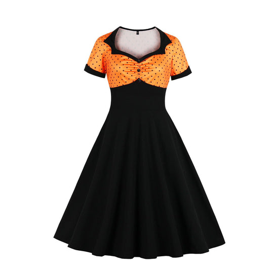 Women Square Neckline Dot Print Plus Size Retro Dresses-Vintage Dresses-Orange-S-Free Shipping at meselling99