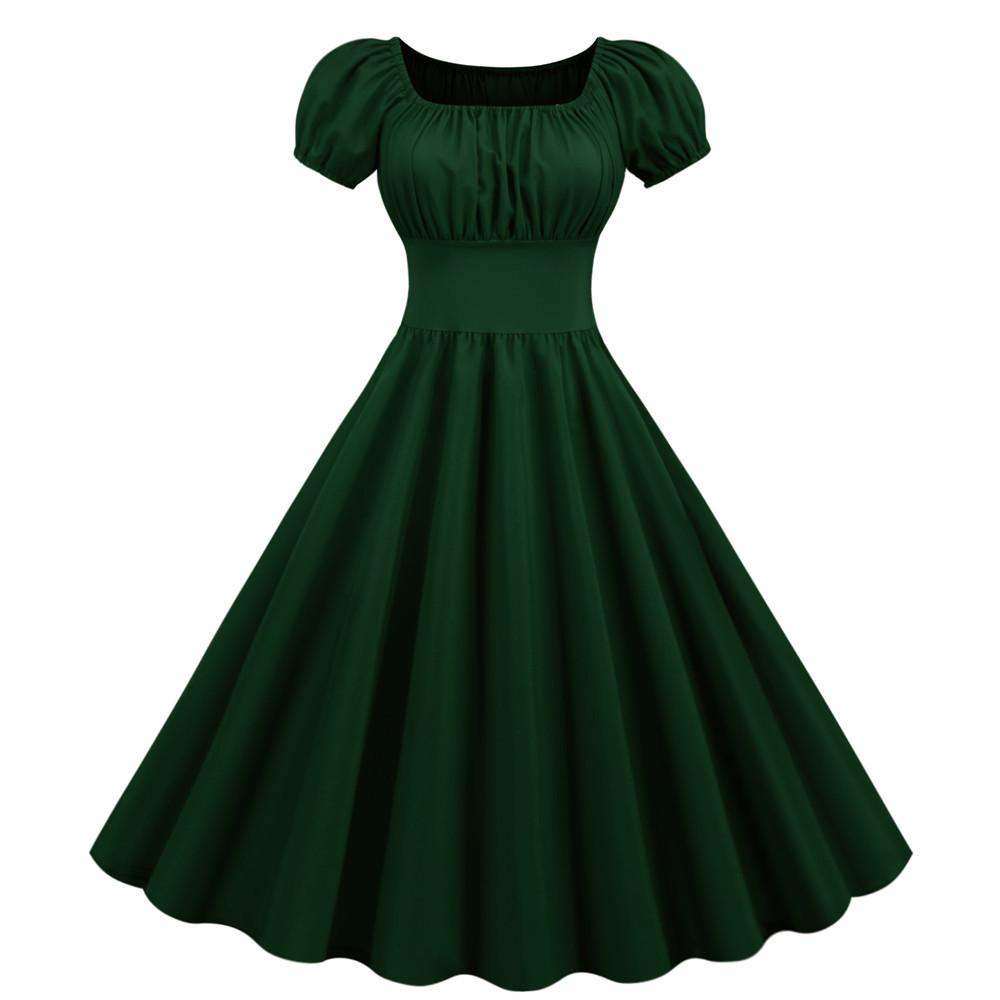 Women Square Neck Casual Retro Dresses-Vintage Dresses-Green-S-Free Shipping at meselling99