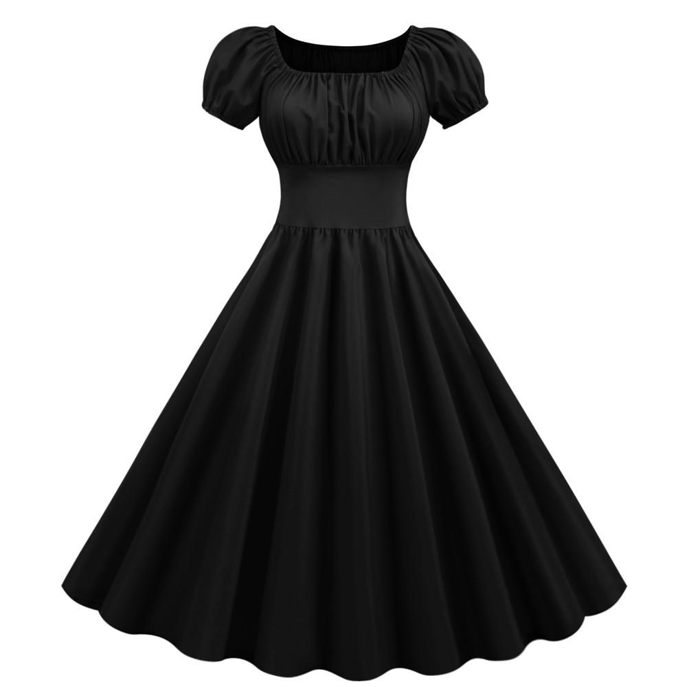 Women Square Neck Casual Retro Dresses-Vintage Dresses-Black-S-Free Shipping at meselling99