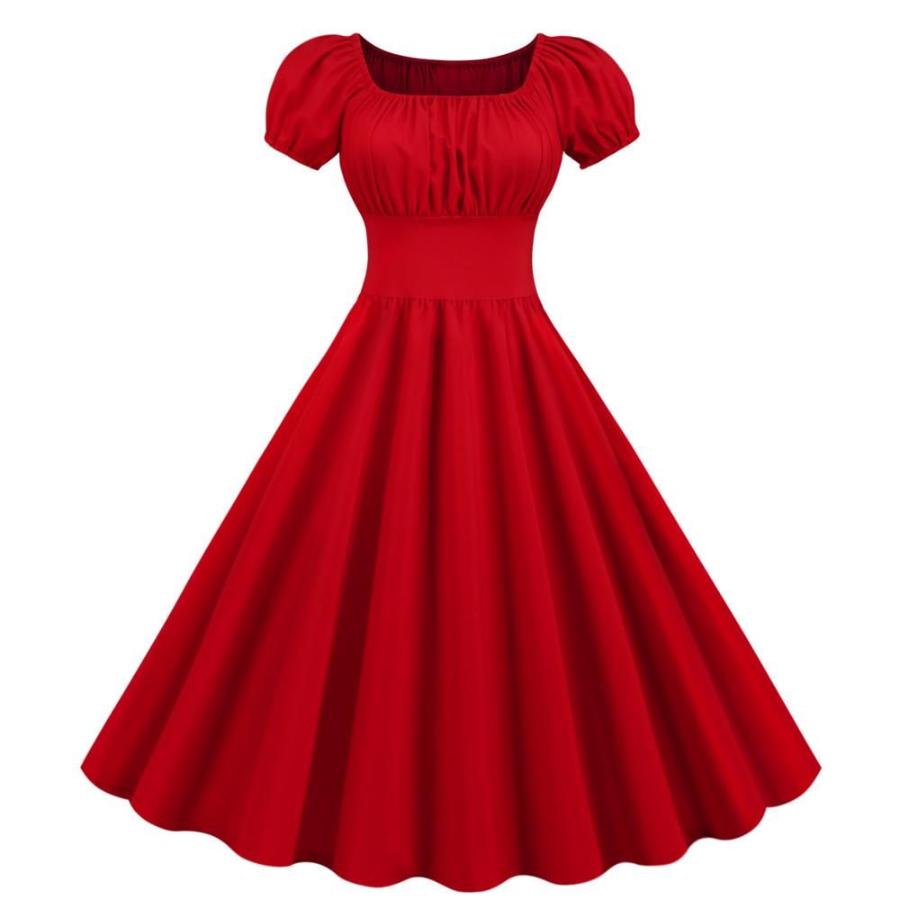 Women Square Neck Casual Retro Dresses-Vintage Dresses-Red-S-Free Shipping at meselling99