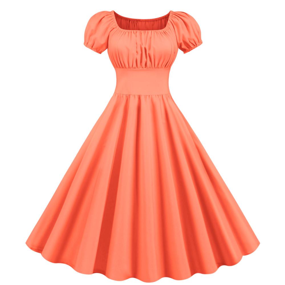 Women Square Neck Casual Retro Dresses-Vintage Dresses-Orange-S-Free Shipping at meselling99