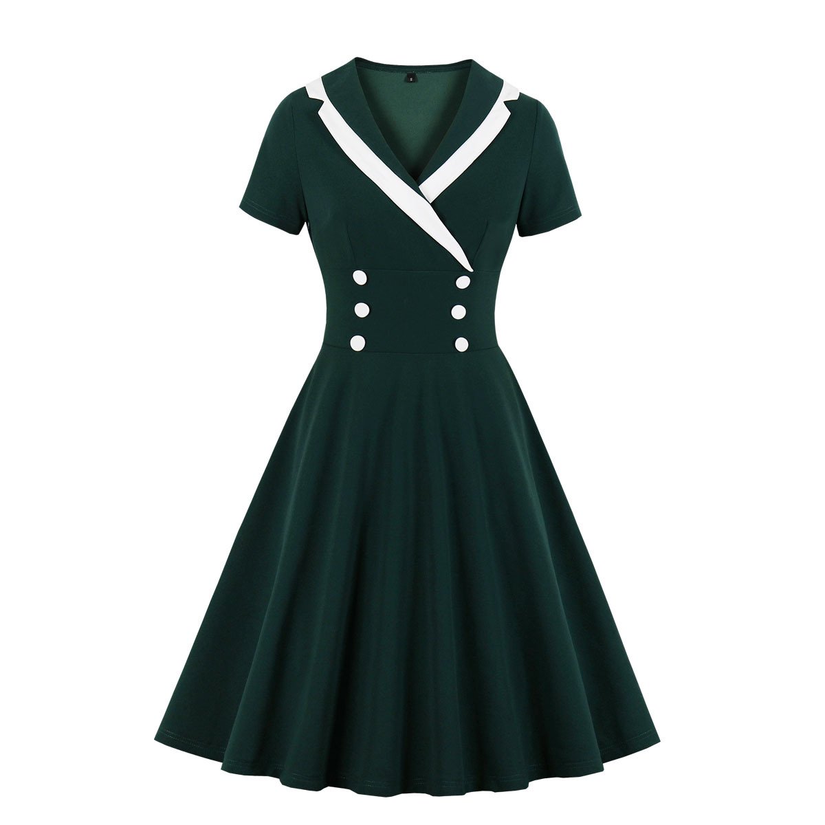 Women Constract Color V Neck Vintage Dresses-Vintage Dresses-Green-S-Free Shipping at meselling99